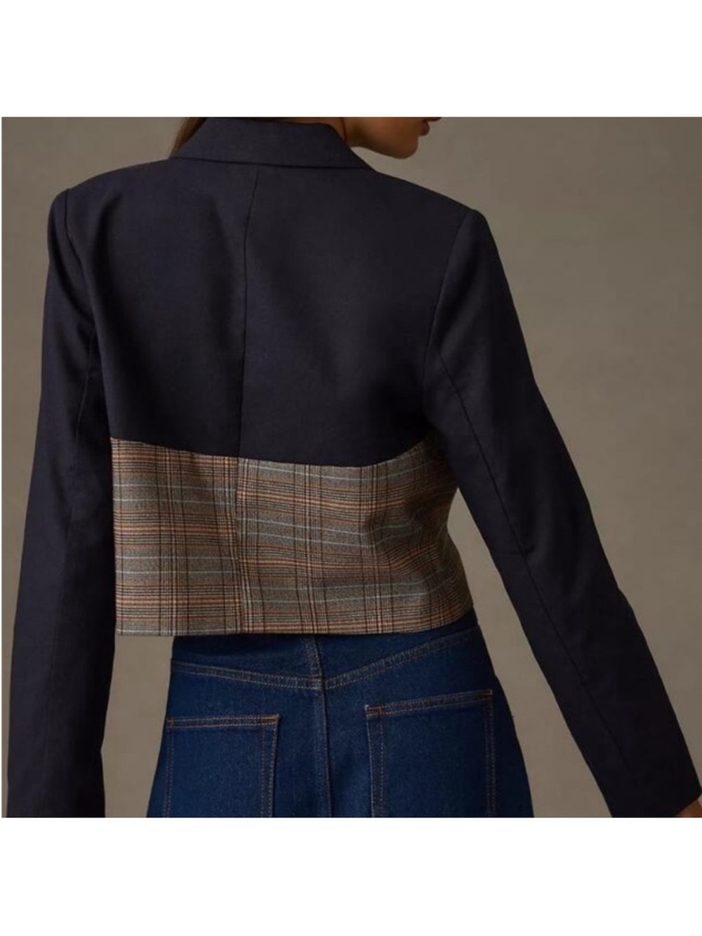 Jason Wu Mixed Media Cropped Navy Plaid‎ Blazer Jacket Medium - Picture 2 of 10